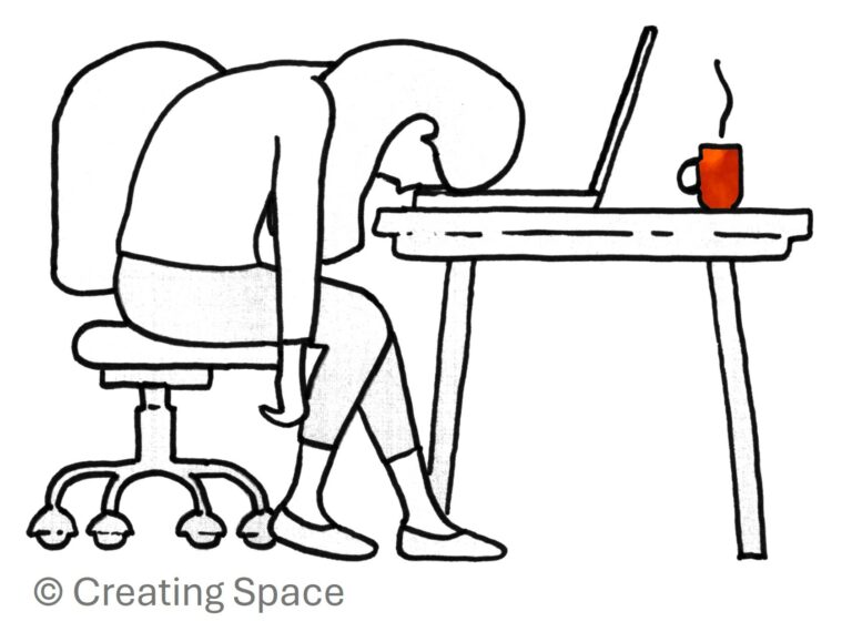 Black line drawing on white background of woman sitting at desk with head leaning on laptop keyboard.