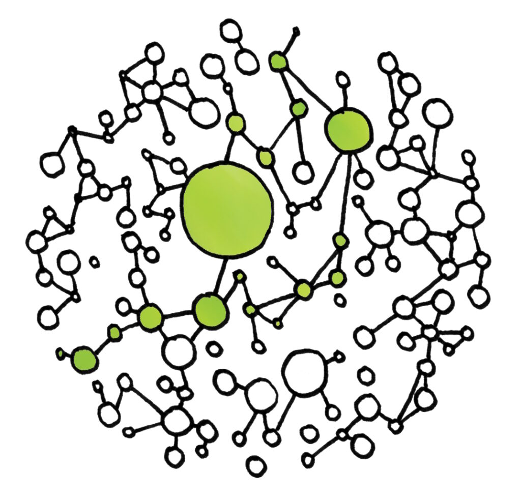 Black line drawing of many dots connected within a greater circle. Some dots are filled with green.