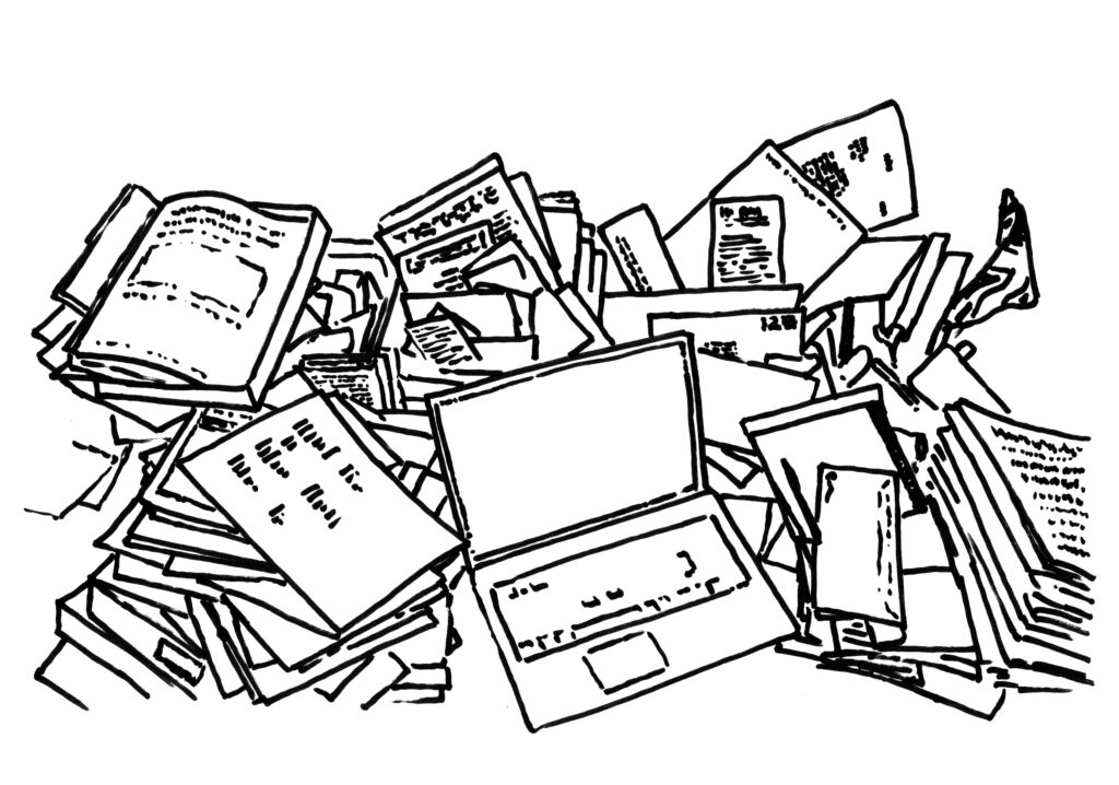 Black line drawing on a white background of a very cluttered desk