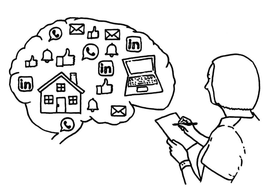 Black line drawing of person looking at a brain filled with clutter and making some notes