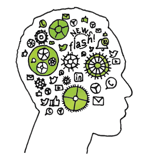 line drawing of head filled with cogs and clutter